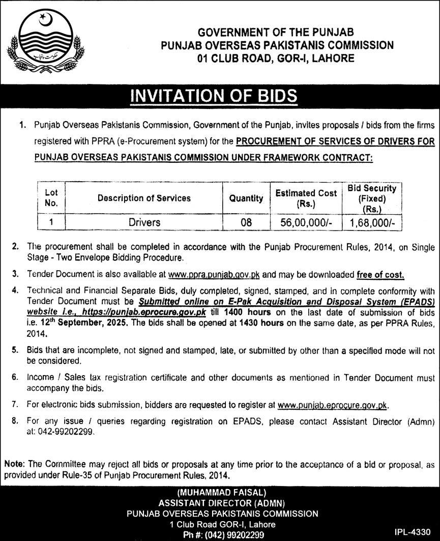 Punjab Overseas Pakistani Commission Lahore Tender Notice
